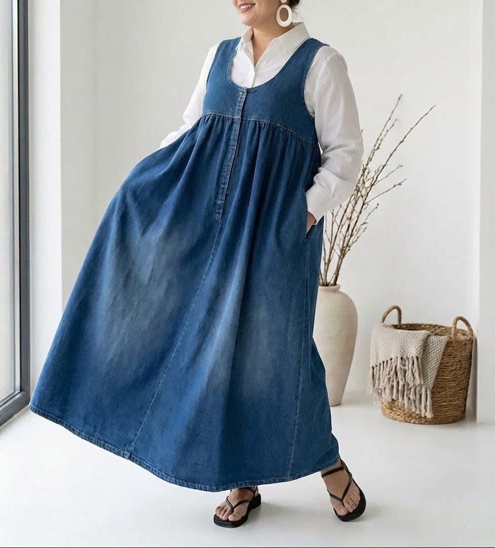 Karen | Vintage Washed Soft Cotton Feel Denim Maxi Dress