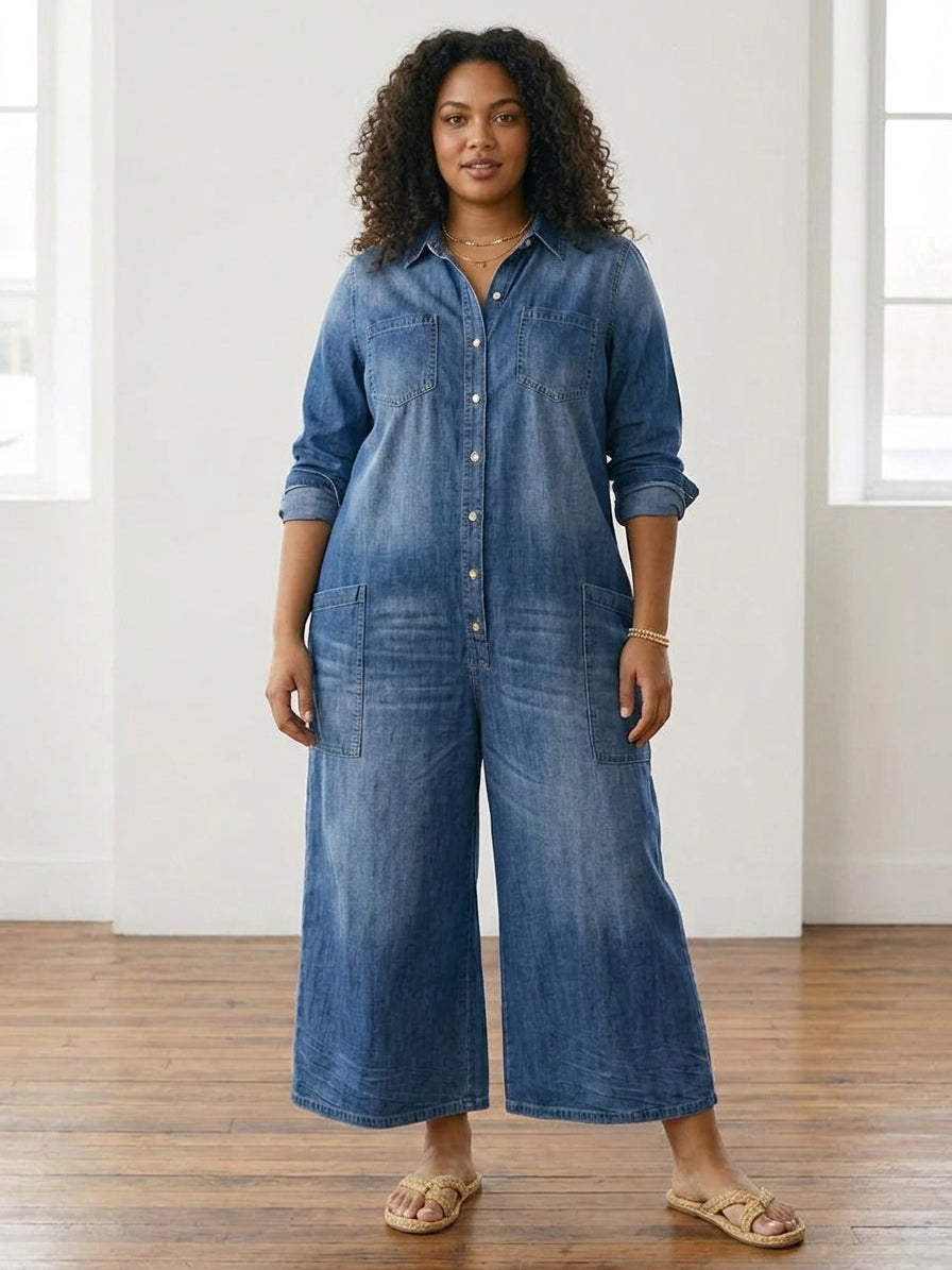 Diana | Vintage Washed Soft Cotton Denim Jumpsuit with Button Closure