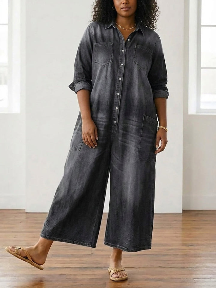 Diana | Vintage Washed Soft Cotton Denim Jumpsuit with Button Closure