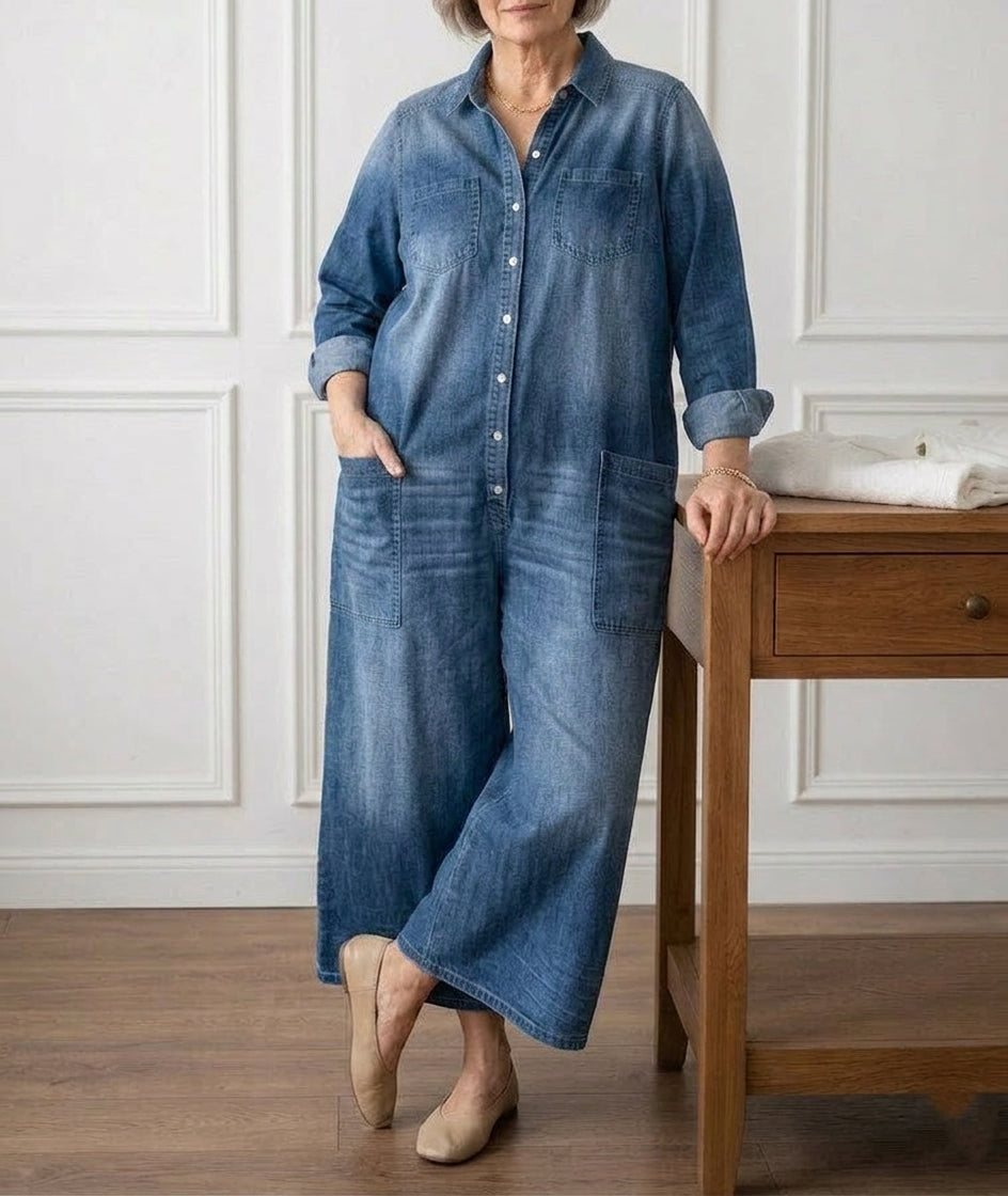 Diana | Vintage Washed Soft Cotton Denim Jumpsuit with Button Closure