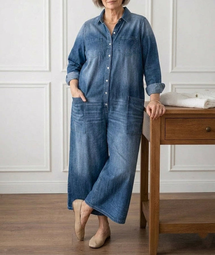Diana | Vintage Washed Soft Cotton Denim Jumpsuit with Button Closure