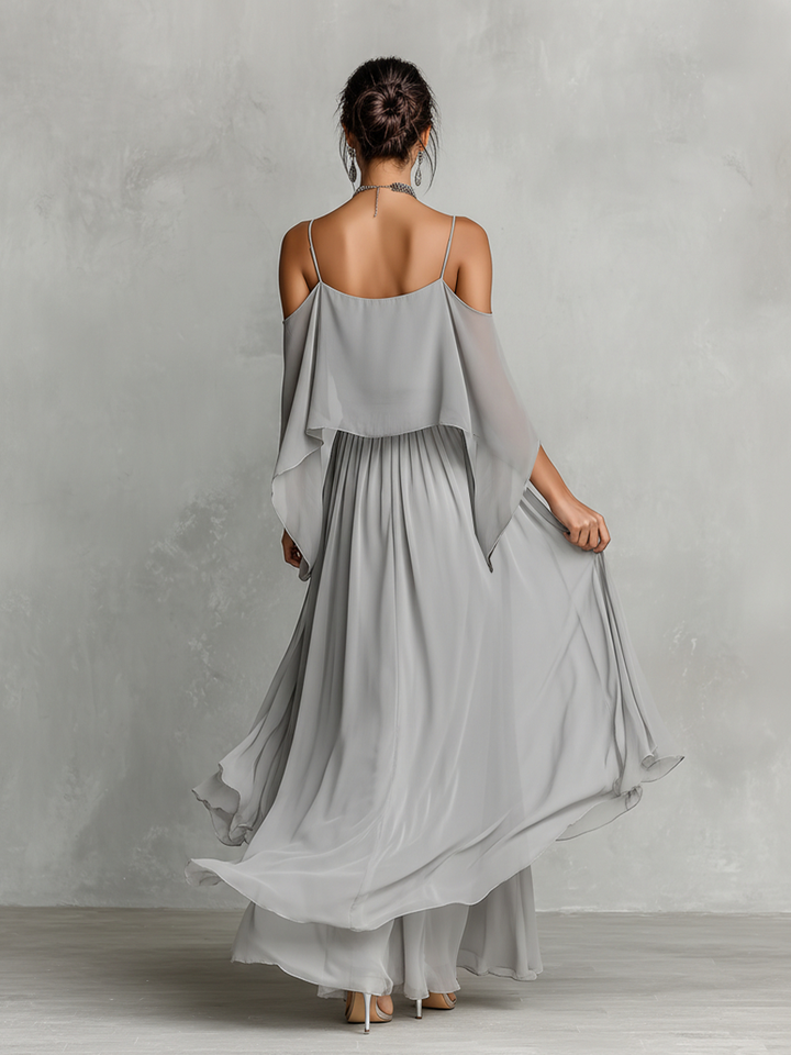 Women's Grey Breathable Chiffon Set With Cold-Shoulder Detail & Flared Silhouette, Contemporary Luxury-Feminine Style Set MDZ2651B6I